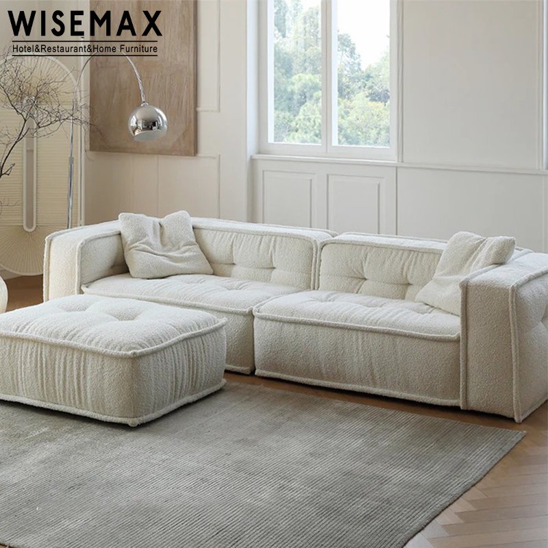 WISEMAX FURNITURE Nordic design living room furniture sofas fabric boucle lamb wool modular corner L shaped sofa with ottoman