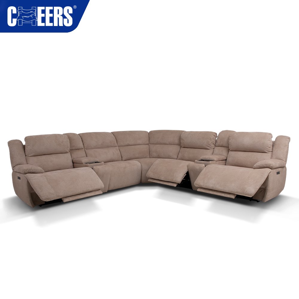 MANWAH CHEERS Fabric Brown Power Headrest Recliner Sectional Sofa with Wireless Charging for Living Room Sofa