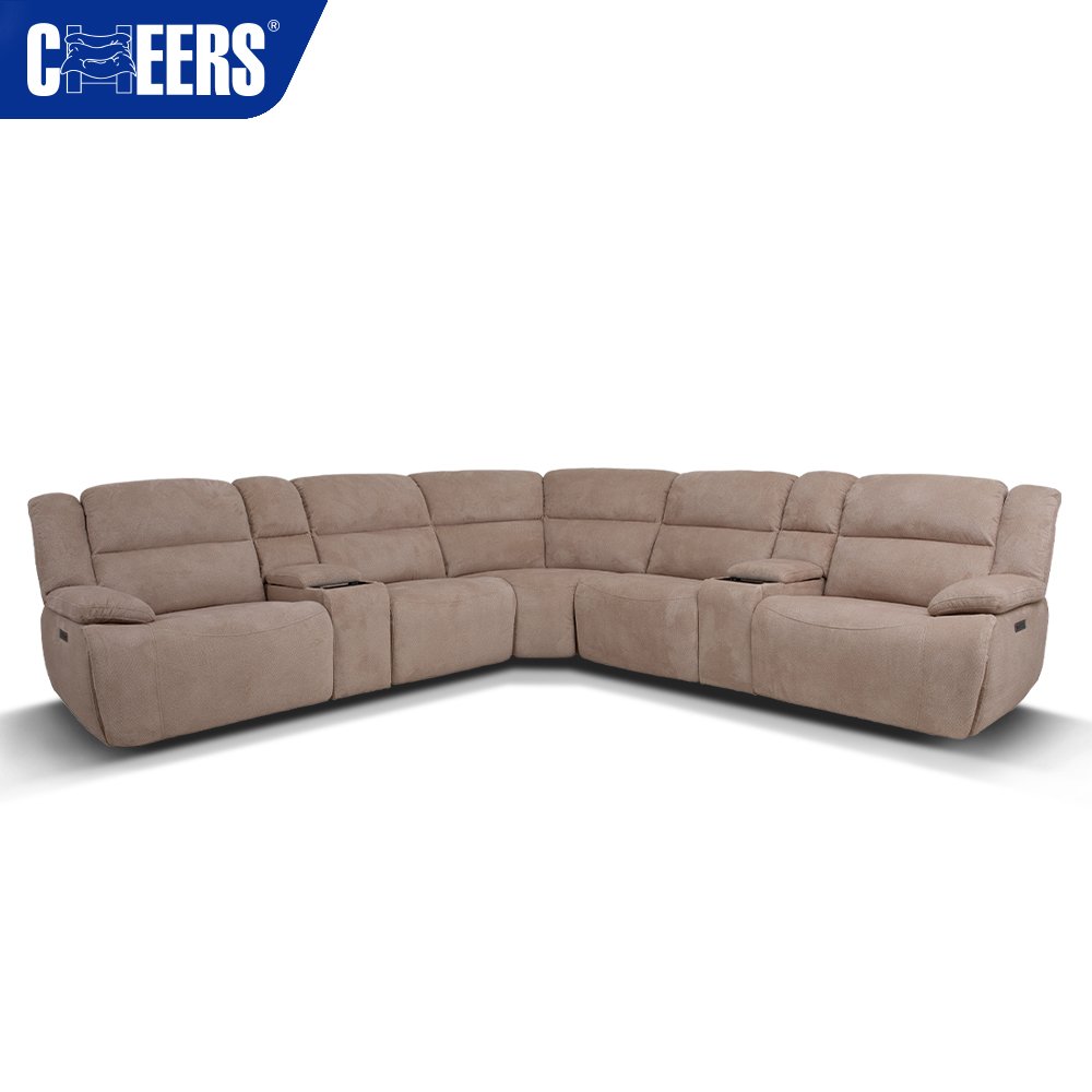 MANWAH CHEERS Fabric Brown Power Headrest Recliner Sectional Sofa with Wireless Charging for Living Room Sofa