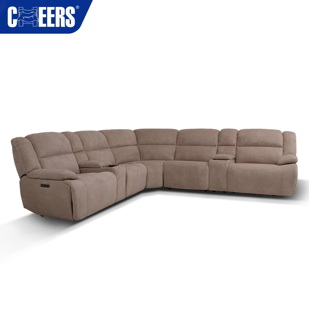 MANWAH CHEERS Fabric Brown Power Headrest Recliner Sectional Sofa with Wireless Charging for Living Room Sofa
