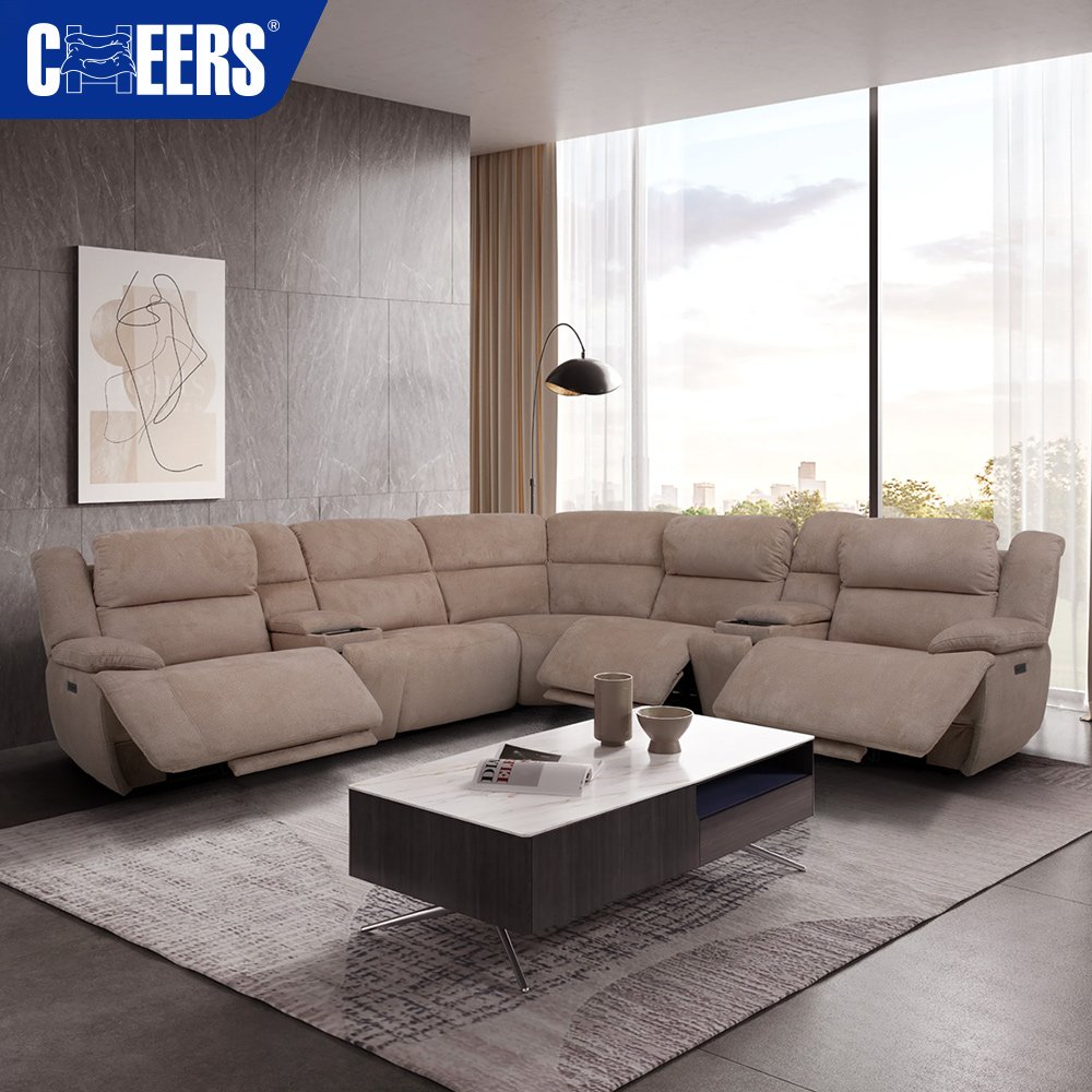 MANWAH CHEERS Fabric Brown Power Headrest Recliner Sectional Sofa with Wireless Charging for Living Room Sofa