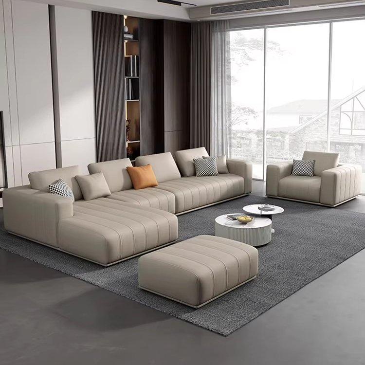 Simple Relaxed 2024 Gray Fashion Living Room Sexy Elegant Leather Sofa Set Furniture