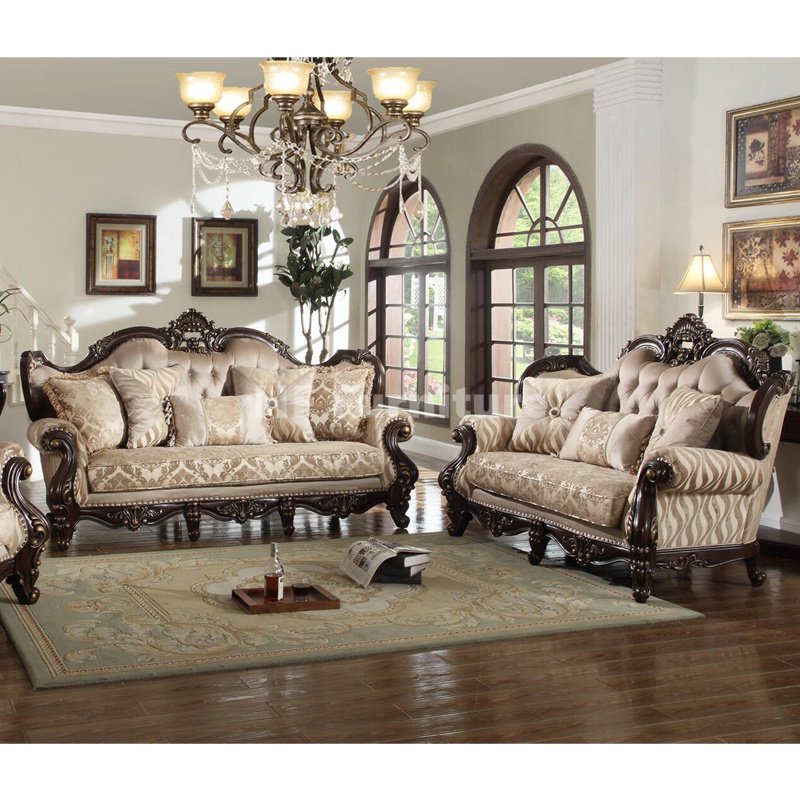 American Design Fabric Sofa Set Antique Wood Carved Home Furniture Living Room Sofa