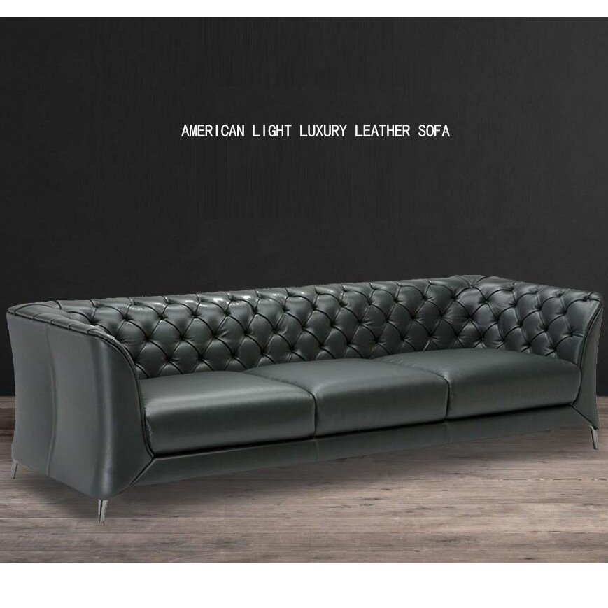 Retro Dark Green Genuine Leather Chesterfield Sofa Set Living Room Furniture Module Corner Sectional Sofa