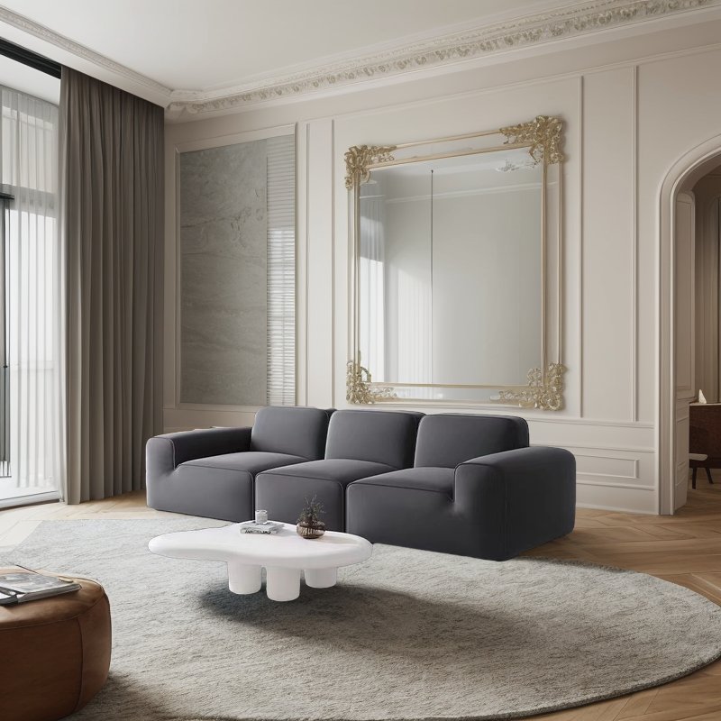 Modern Italian Furniture Set Big Black Cow Sofa Luxury Sectional Tofu Block Design Made of Wood and Velvet for Living Room