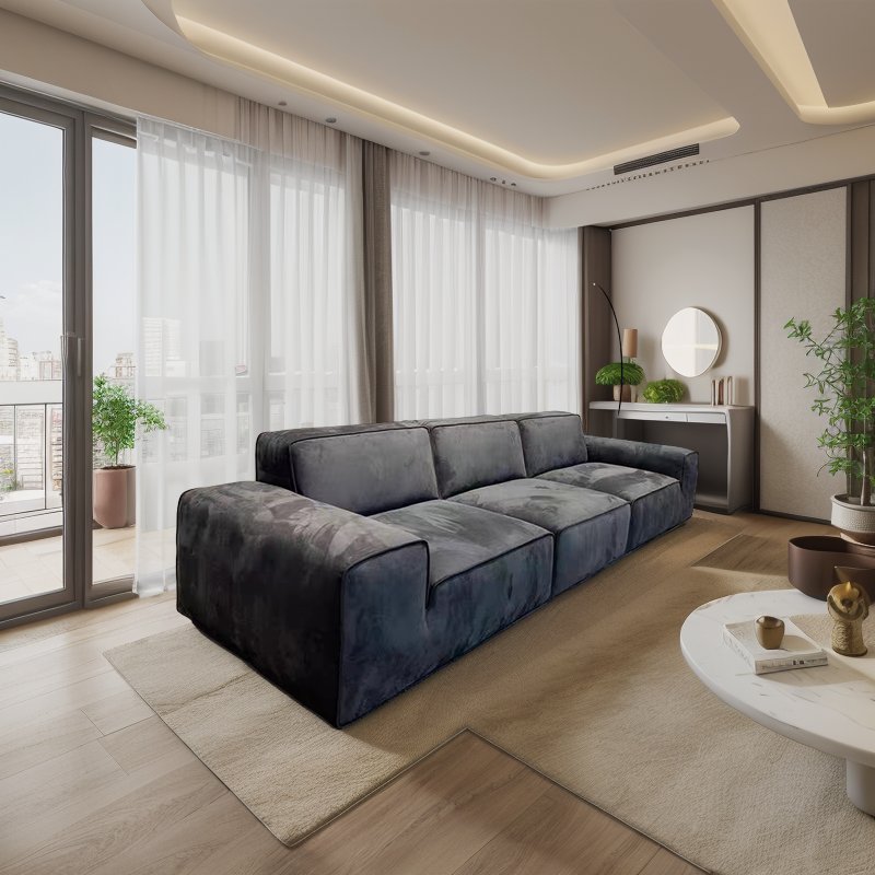 Modern Italian Furniture Set Big Black Cow Sofa Luxury Sectional Tofu Block Design Made of Wood and Velvet for Living Room