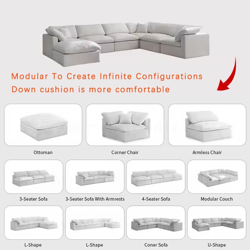 Modern Luxury design Modular Cloud Couch White Velvet fabric Down Feather Villa living room Sofa Bed U Shape Sectional Sofa