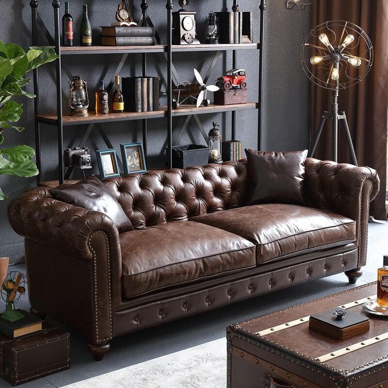 Classic Retro American style tufted leather three seater love seater sofa set Industrial Waxy Leather living room sofa