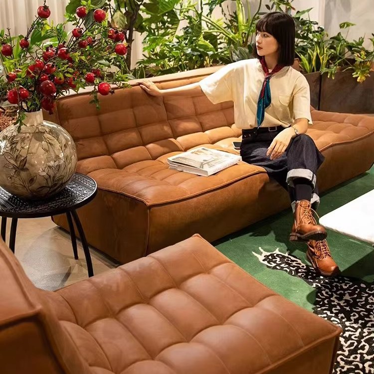 Retro Microfiber Leather Modern Antique French Module Corner Combination Living Room Sofa