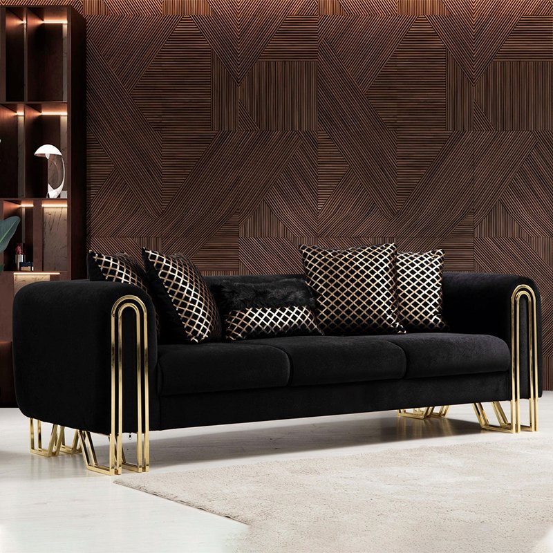 Luxury Design Black Fabric Couch Living Room Sofas 3 Seater Sectional Couches Italian Modern Velvet Sofa Set Furniture