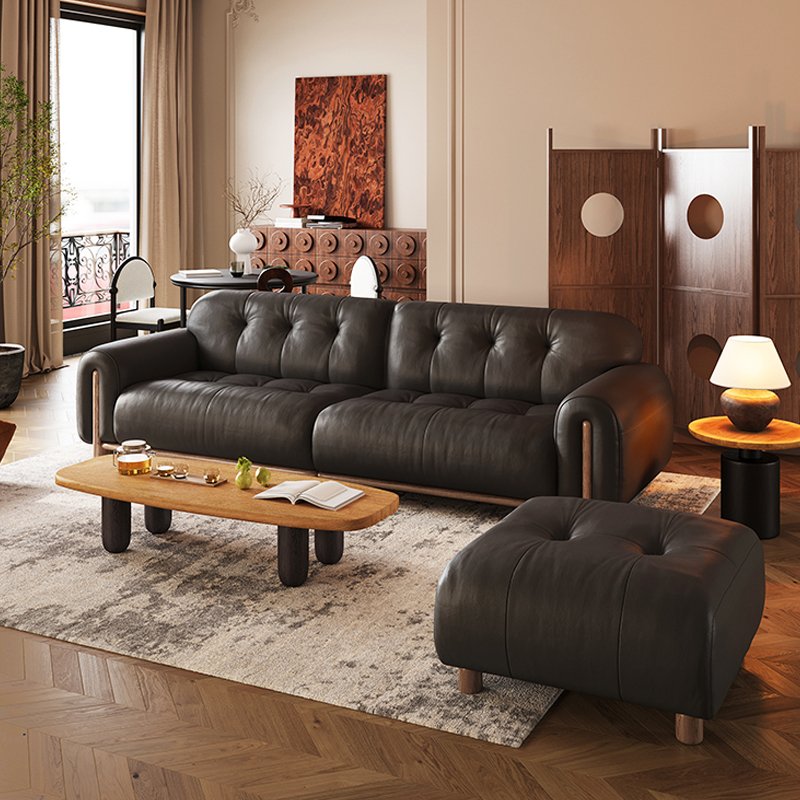 AOMISI CASA Italian Minimalist Black Leather Sofa Set Light Luxury Sofa Retro Straight Row Mid-ancient Style Living Room Sofas