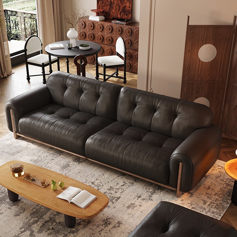 AOMISI CASA Italian Minimalist Black Leather Sofa Set Light Luxury Sofa Retro Straight Row Mid-ancient Style Living Room Sofas