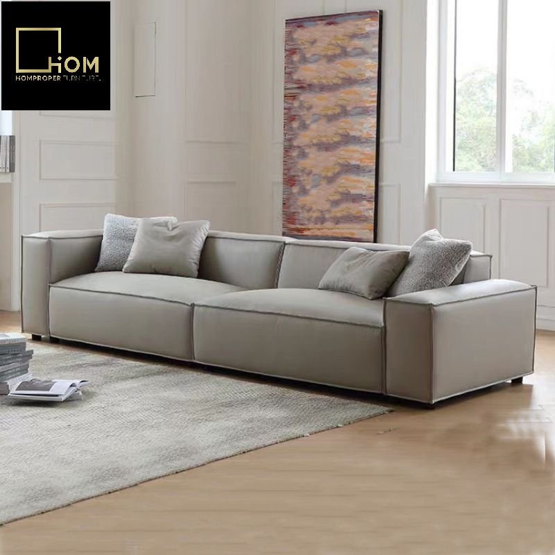 Cream wind tofu block full cowhide open edge effect sofa Italian living room Netflix designer feather leather sofa