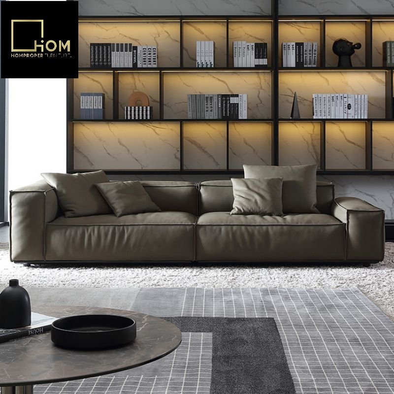 Cream wind tofu block full cowhide open edge effect sofa Italian living room Netflix designer feather leather sofa