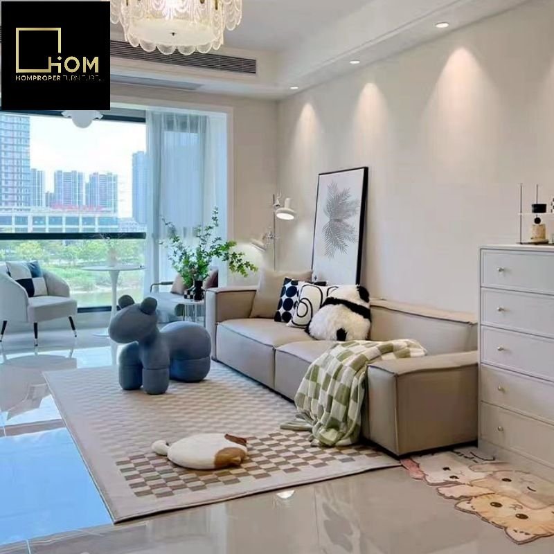 Cream wind tofu block full cowhide open edge effect sofa Italian living room Netflix designer feather leather sofa