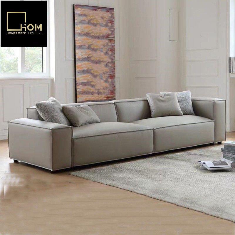 Cream wind tofu block full cowhide open edge effect sofa Italian living room Netflix designer feather leather sofa