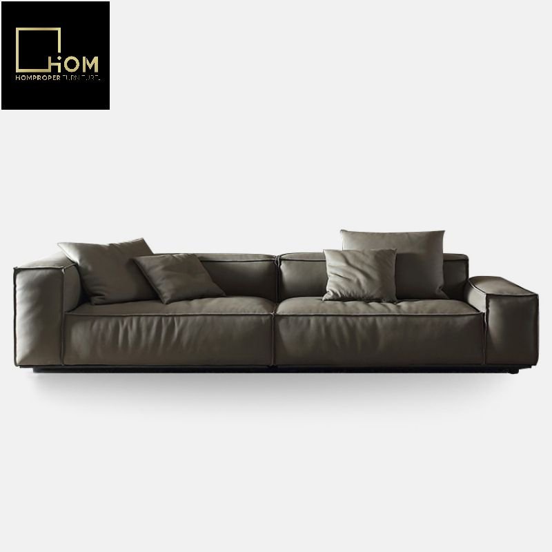 Cream wind tofu block full cowhide open edge effect sofa Italian living room Netflix designer feather leather sofa
