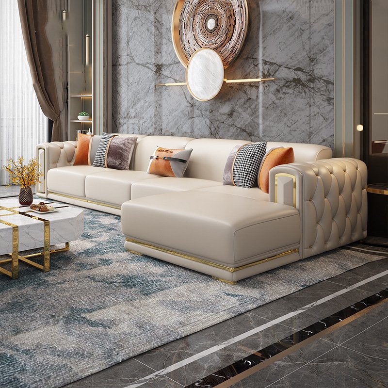 Modern Luxury White Gold Minimalist Home Furniture Living Room Sofa Set 1+2+3 Seater Upholstered L shape Leather Sectional Couch
