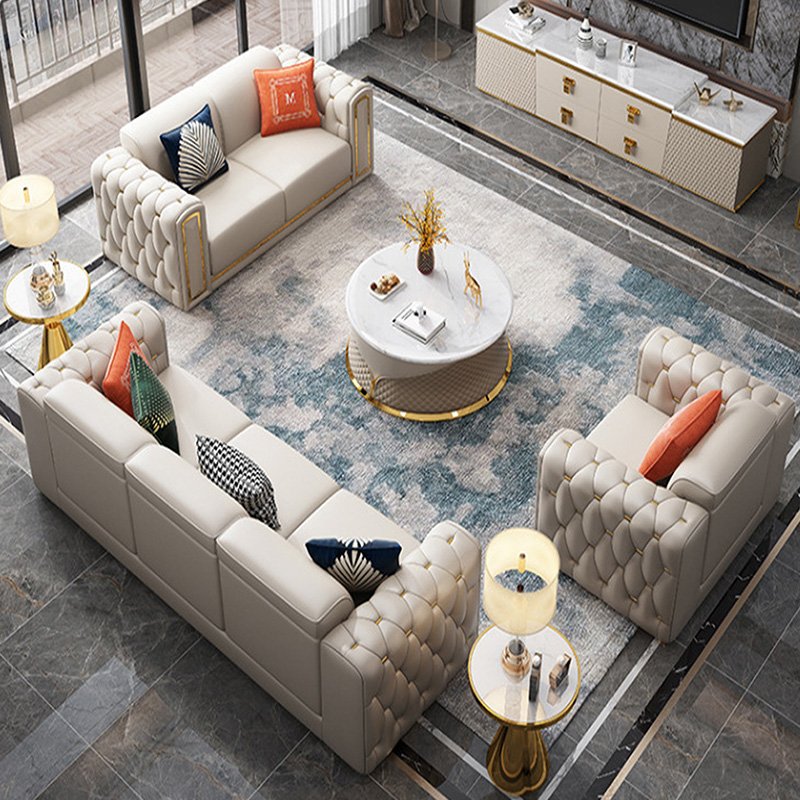 Modern Luxury White Gold Minimalist Home Furniture Living Room Sofa Set 1+2+3 Seater Upholstered L shape Leather Sectional Couch