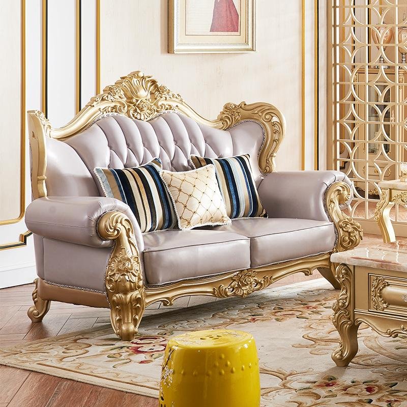European style genuine leather and solid wood sofa can be used in villa living room retro elegant purple sofa