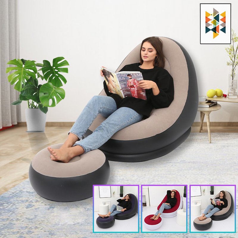 Hot Selling Comfortable Lazy Inflatable Sofa Chair With Foot Rest PVC Flocking Furniture Living Room Sofas Air Inflatable Sofa