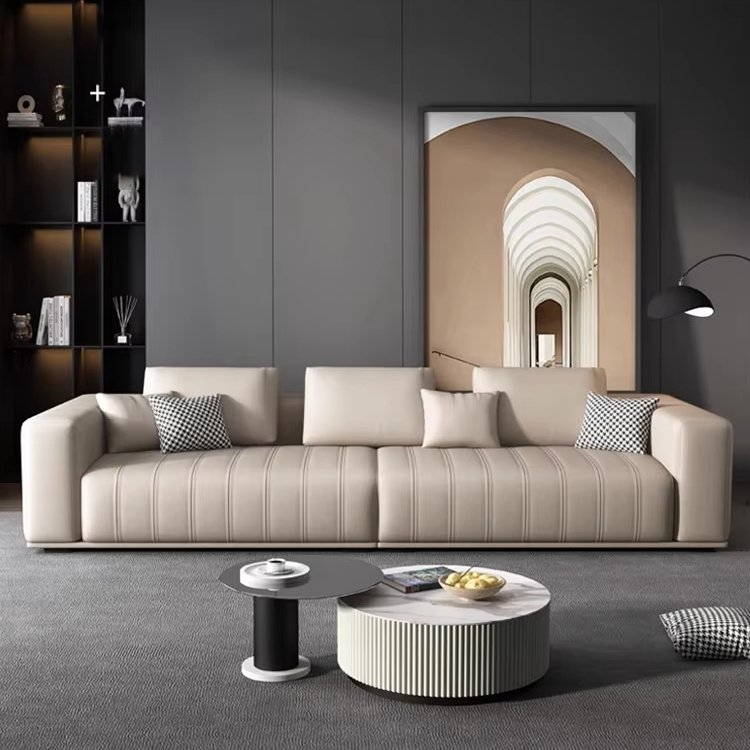 Home living room l shaped leather modular modern light luxury cheap simple wood design straight sofa set furniture