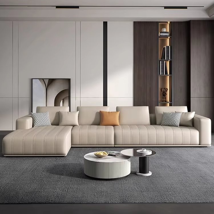Home living room l shaped leather modular modern light luxury cheap simple wood design straight sofa set furniture
