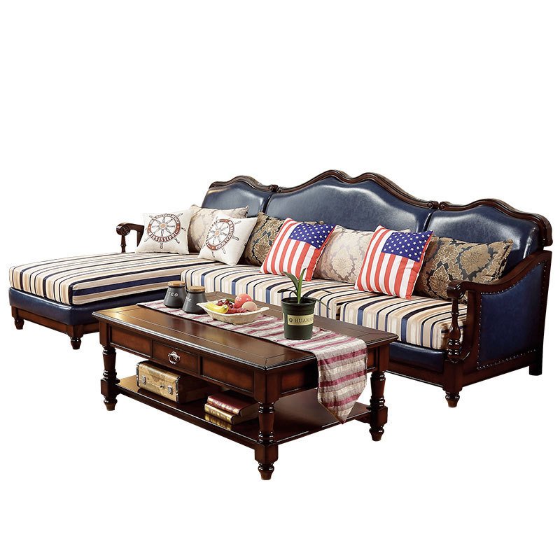 American Antique Roman Column L-Shaped Living Room Solid Wood Leather Fabric Furniture Sofa Living Room Sofa Set L Shape Sofa