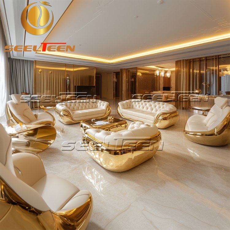 High Quality l-Shape Designer Italian Sectional Stainless Steel Frame White Leather Decoration Luxury Living Room Sofa