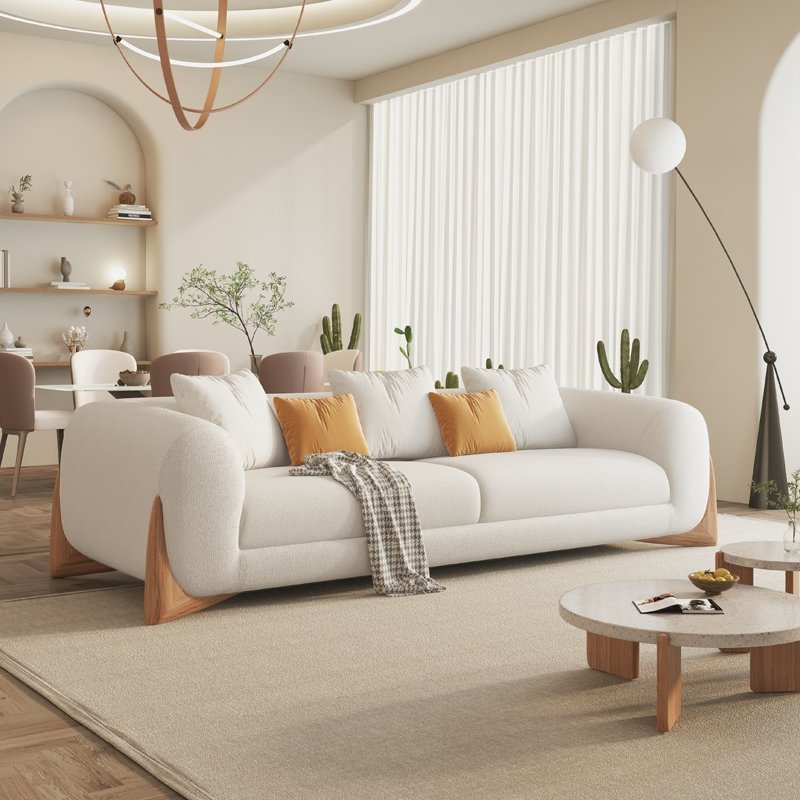 Scandinavian fabric sofa lamb's wool cream combination sofa living room simple white straight sofa