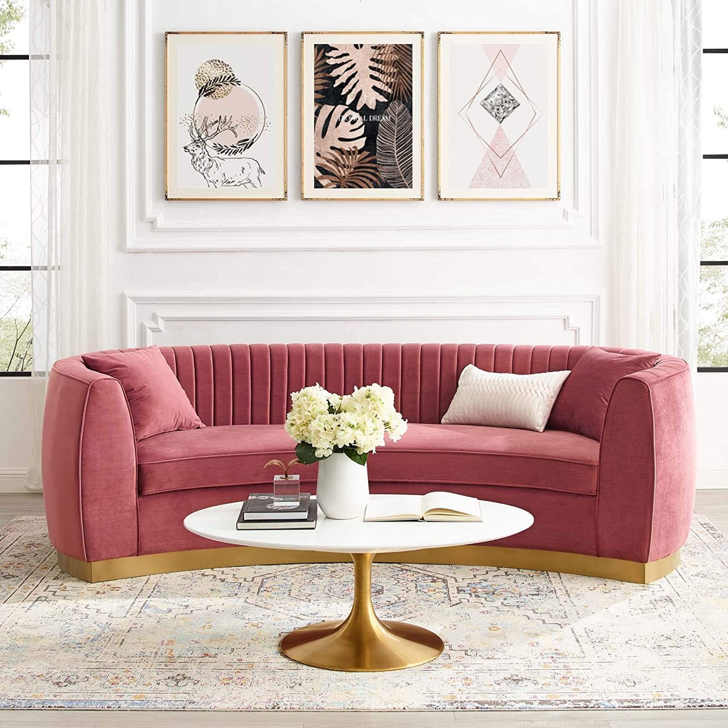 Modern Stainless Steel Base Velvet Upholstered Living Room Sofa Sets Channel Tufted Curved Back Couch For Home Hotel Furniture