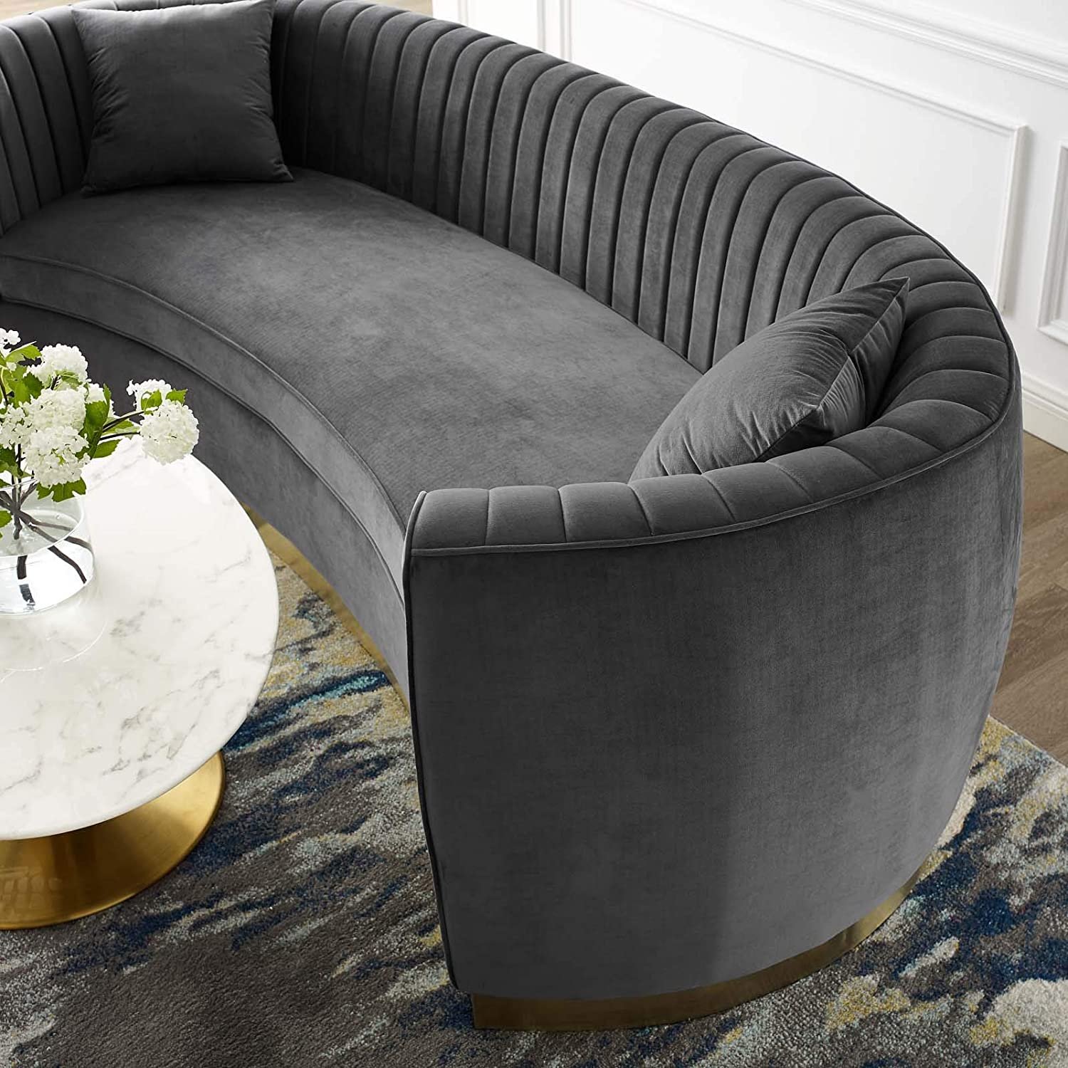 Modern Stainless Steel Base Velvet Upholstered Living Room Sofa Sets Channel Tufted Curved Back Couch For Home Hotel Furniture