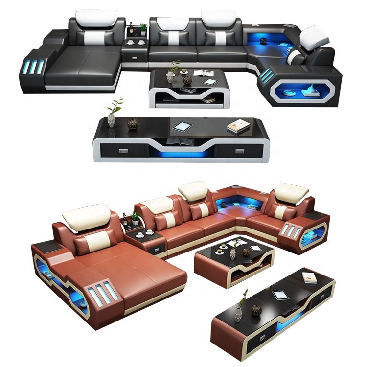 Luxury Europe Couch Living Room Sofas House Popular Modern Sectionals Genuine Leather Sofas With LED Light