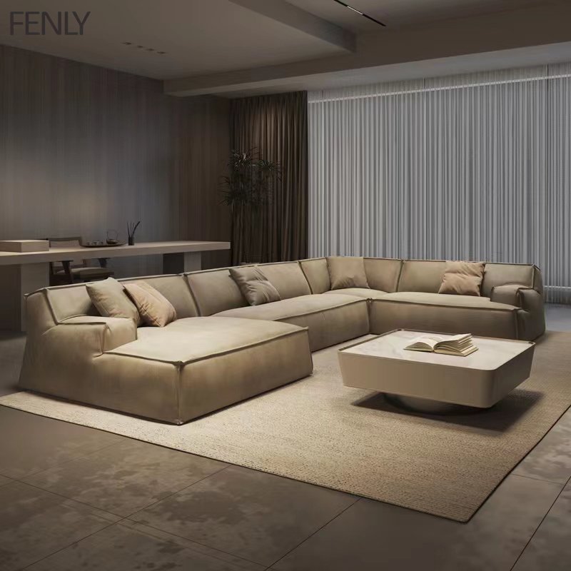 Italian Modern Minimalist L-Shape Modular Leather Sofa Set Wood Sectional for Living Room or Office Lounge Furniture