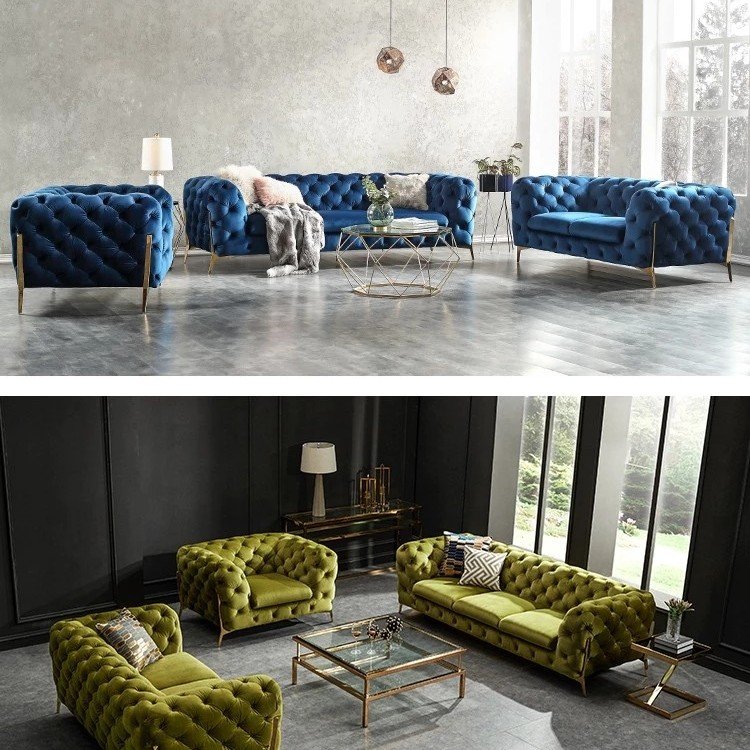 Modern Living Room Lobby Velvet Big Sectional Sofa Set Furniture Italian Design Luxury Button Tufted Leather Sofa