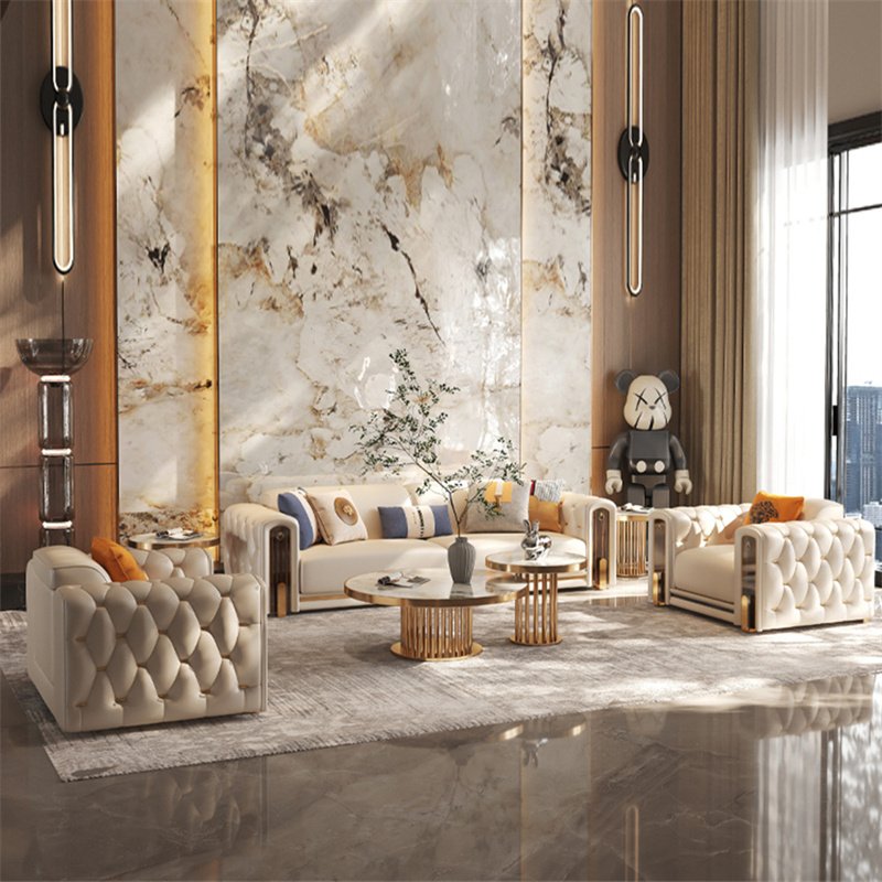 Luxury high quality gold legs chesterfield leather sectional sofa set upholstered for villa apartment mall living room furniture