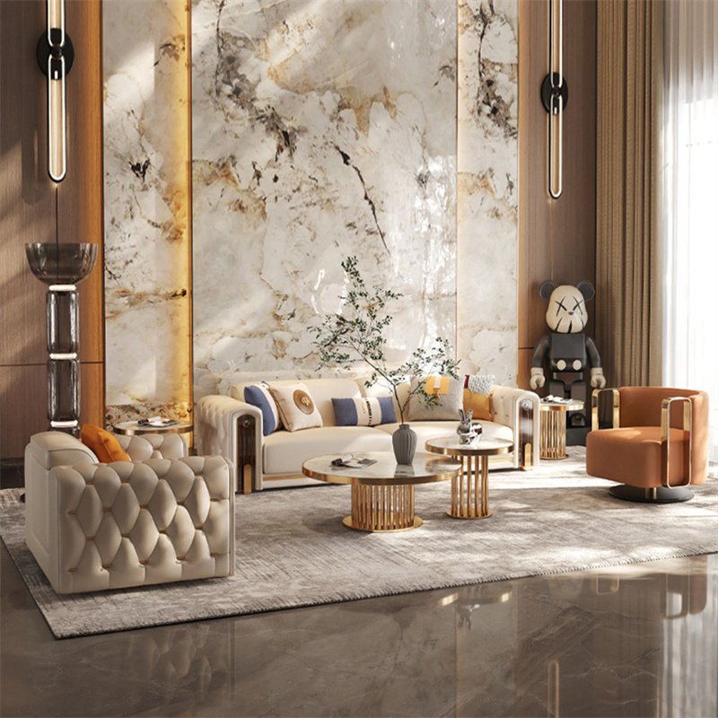 Luxury high quality gold legs chesterfield leather sectional sofa set upholstered for villa apartment mall living room furniture