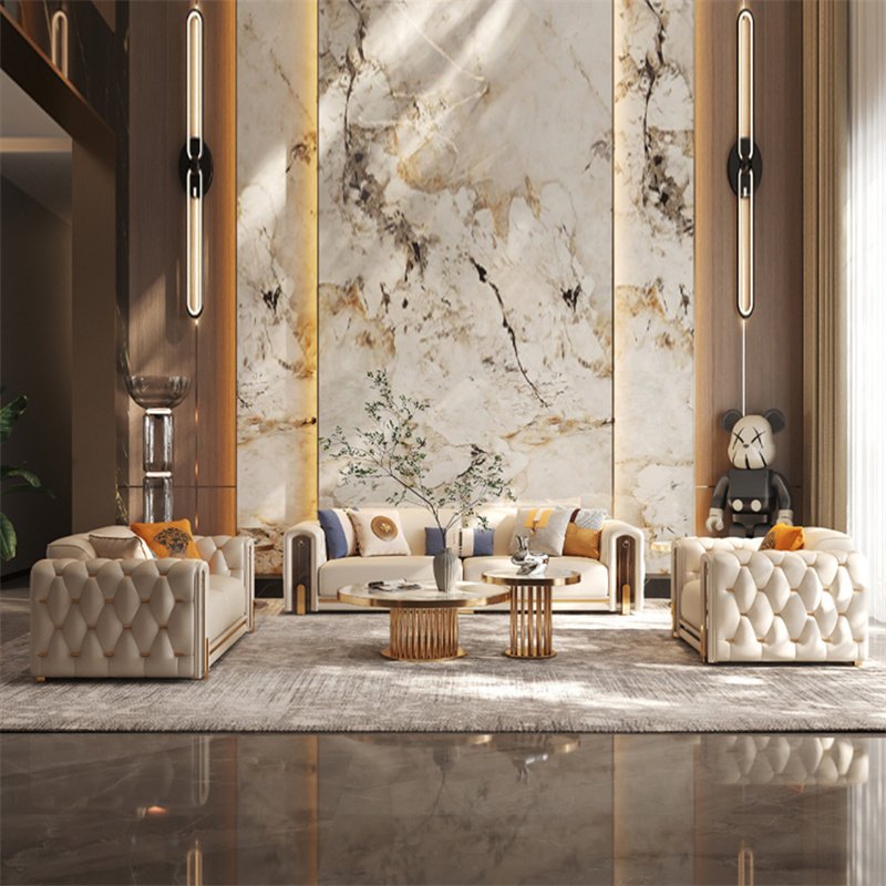 Luxury high quality gold legs chesterfield leather sectional sofa set upholstered for villa apartment mall living room furniture