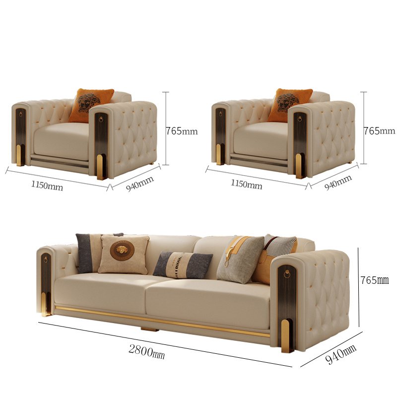 Luxury high quality gold legs chesterfield leather sectional sofa set upholstered for villa apartment mall living room furniture