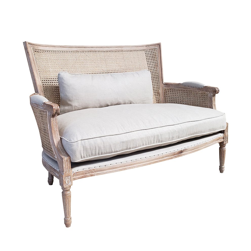 MRS WOODS Wingback style cane white linen futon sofa with oak legs
