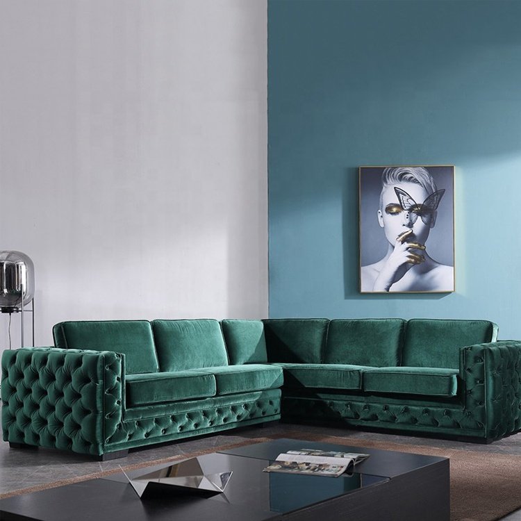 OEM Best Seller Living Room Furniture Green Velvet L-shape Modular Sofa Sofa Sets for Living Room Modern Contemporary Small Sofa