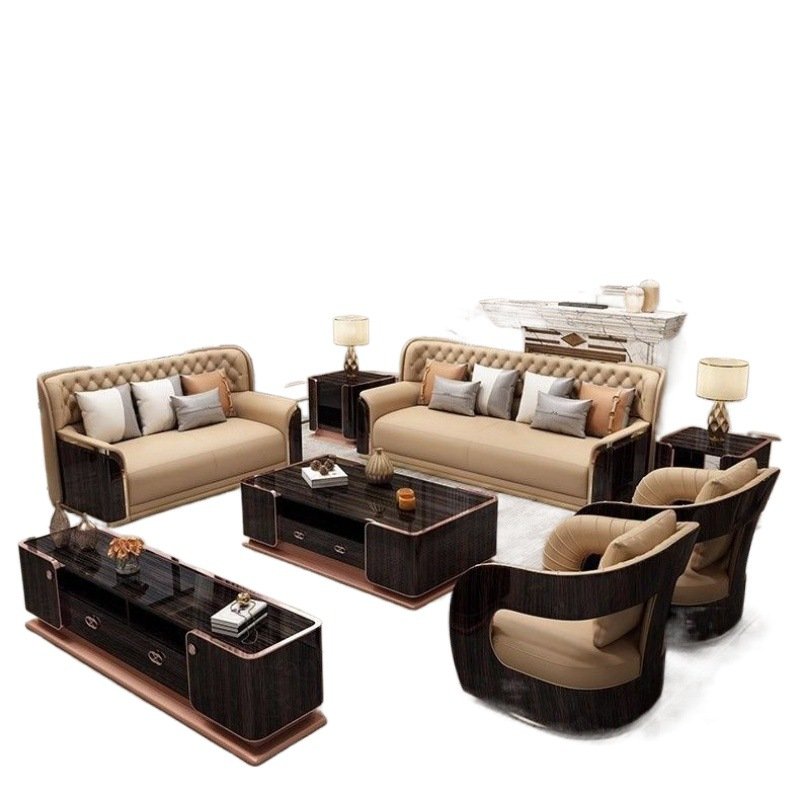 Italian Luxury Leather Sofa Set Postmodern High-End Top Layer Cowhide Large Flat Villa Furniture Light Sofa Living Room