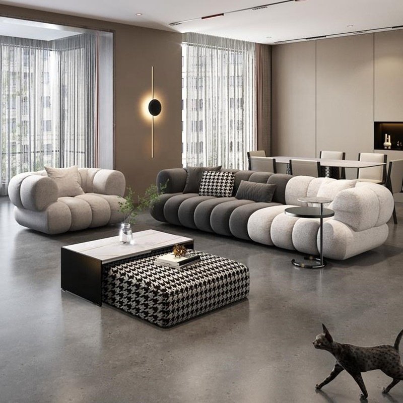 French style living room lamb plush L-shaped floor sofa, modern small home living room sofa set