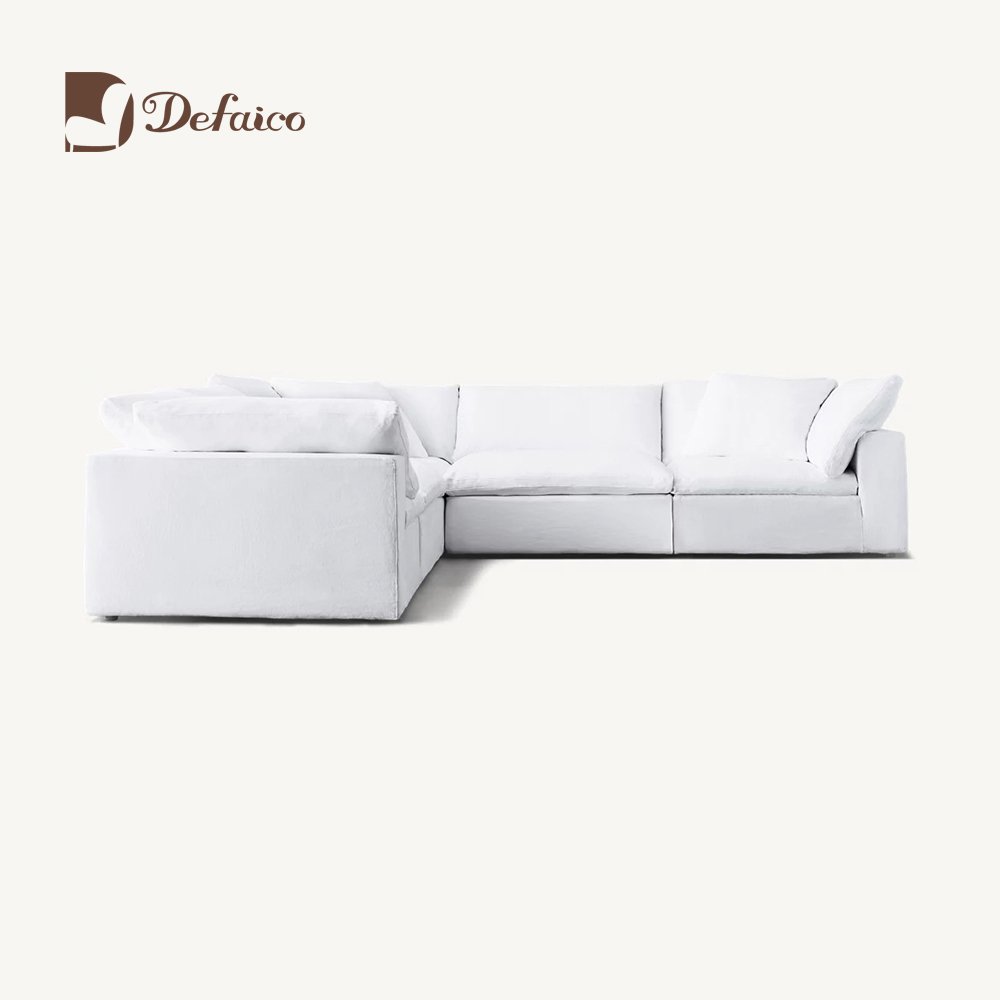L Shape White Color Linen Fabric Living Room Sofa Solid Wood Frame Sectional Sofa