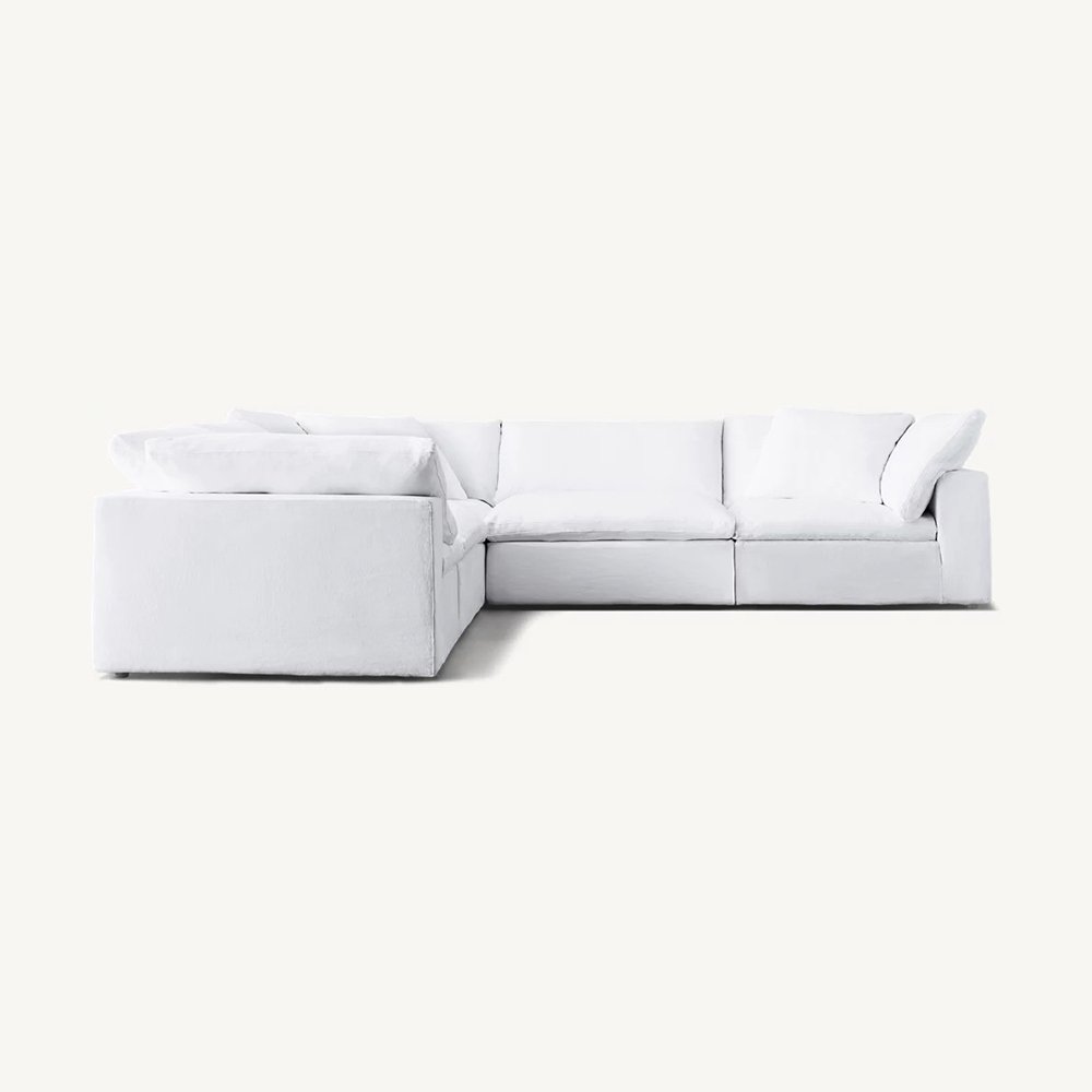L Shape White Color Linen Fabric Living Room Sofa Solid Wood Frame Sectional Sofa