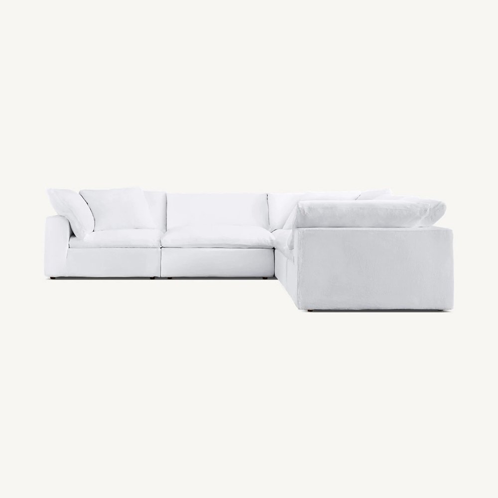 L Shape White Color Linen Fabric Living Room Sofa Solid Wood Frame Sectional Sofa