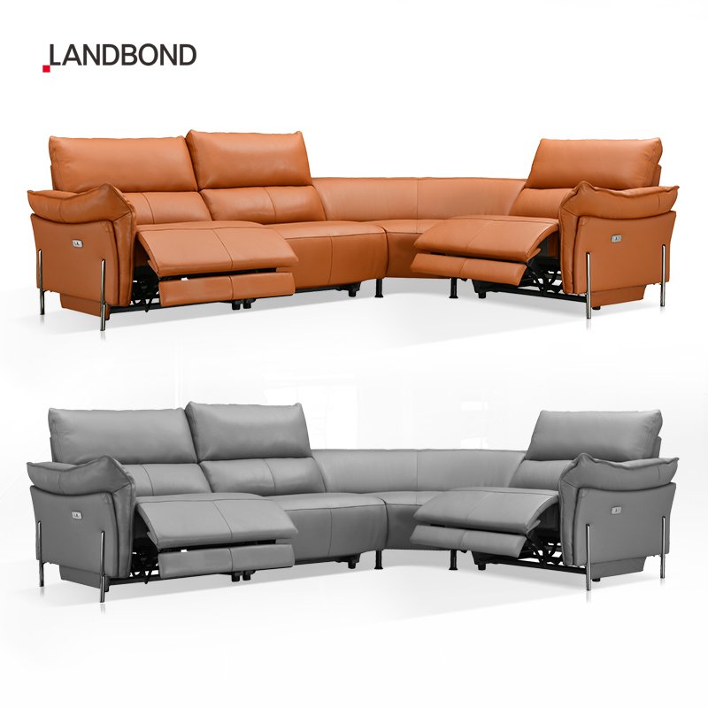 luxury Italian brown genuine leather sectional couch sitting living room furniture modern I shape recliner sofas set