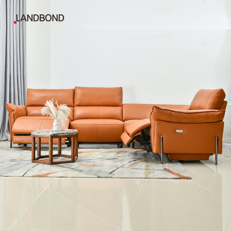 luxury Italian brown genuine leather sectional couch sitting living room furniture modern I shape recliner sofas set