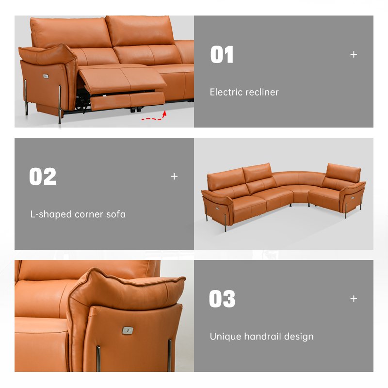 luxury Italian brown genuine leather sectional couch sitting living room furniture modern I shape recliner sofas set