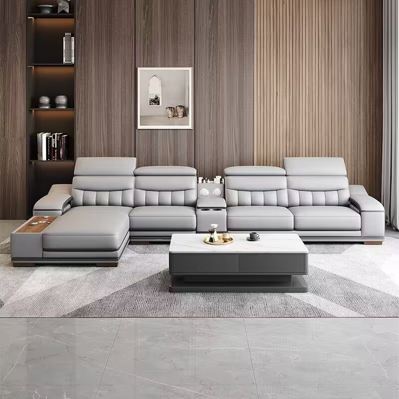 High-End Luxury Cowhide Top Layer Living Room Sofa Set Elegant L-Shape Furniture with Elegant Design